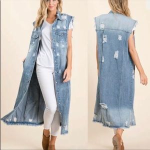 Oversized Distressed Maxi Length Denim sleeveless Jean Jacket